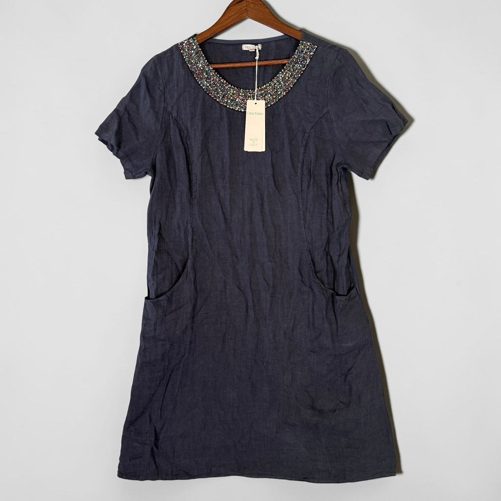 Lina Tomei Made In Italy Linen Beaded Neckline Shift Dress Size XL